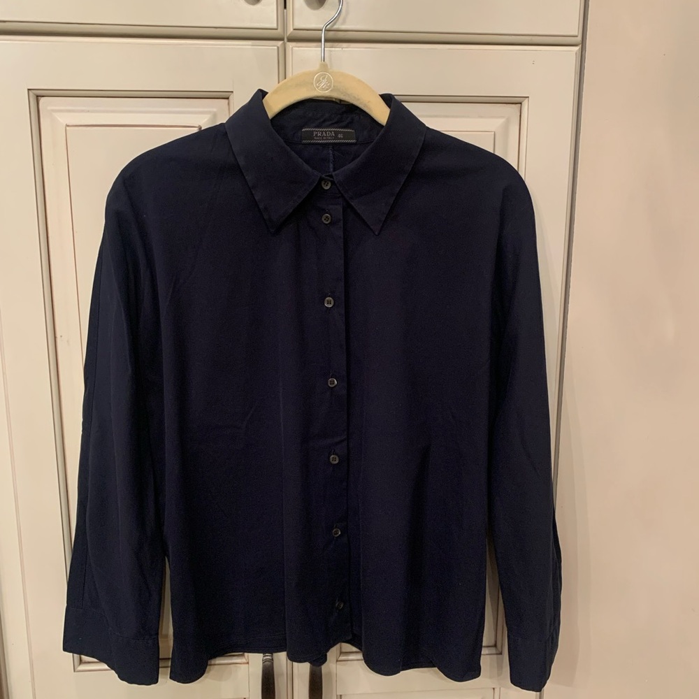 Prada navy blue women’s button down contoured blouse (size 46)